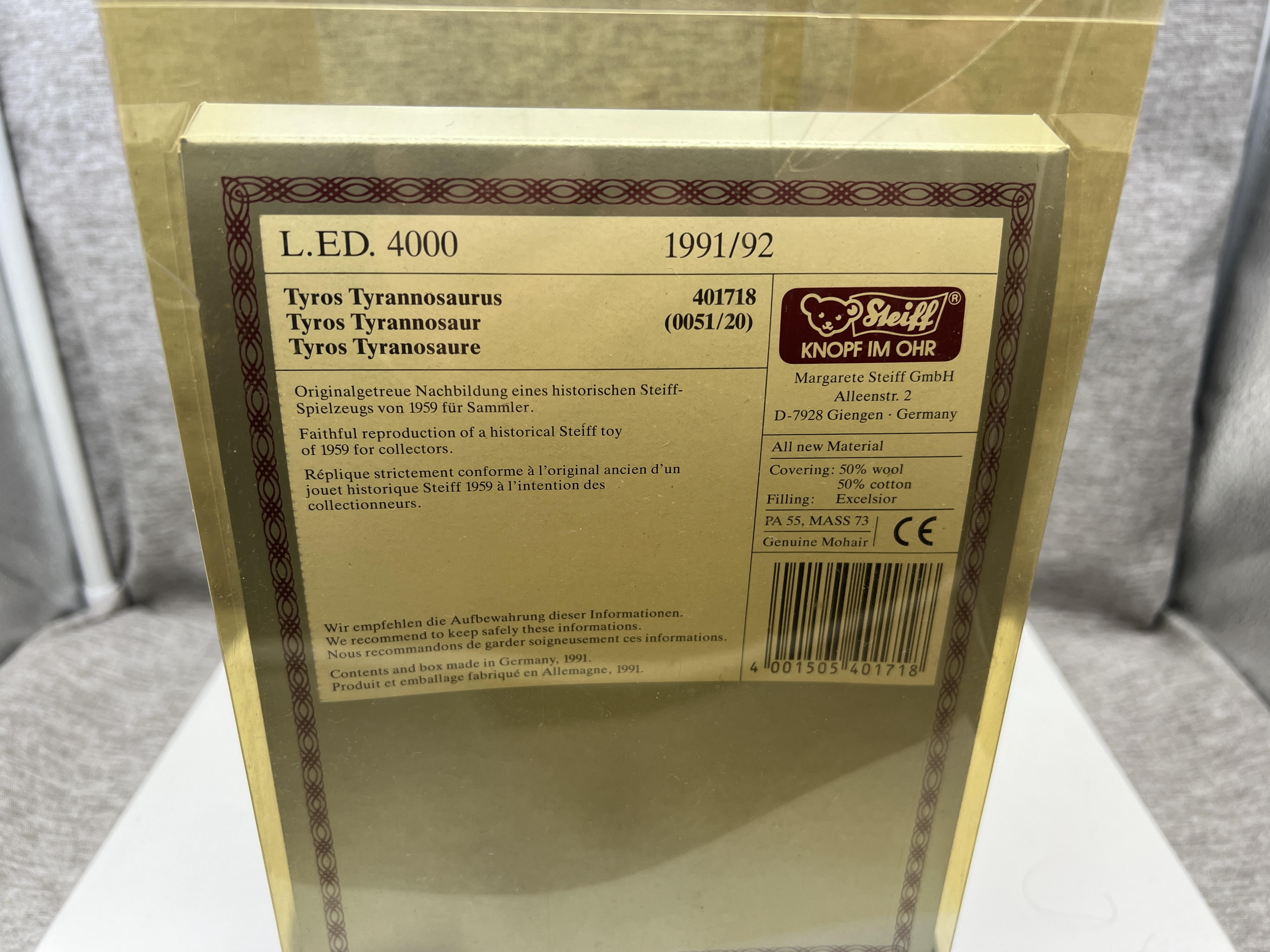  Steiff Tier 401718 Replica Tyros Rex 20 cm lang. Top Zustand